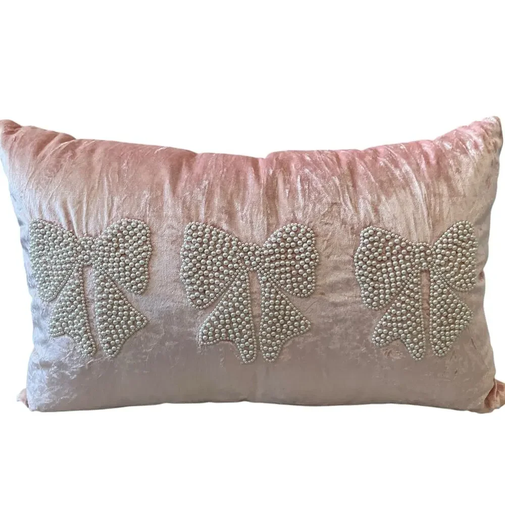 Magaschoni Beaded Faux Pearl Bows on Pink Velvet Decorative Pillow 14x20 New